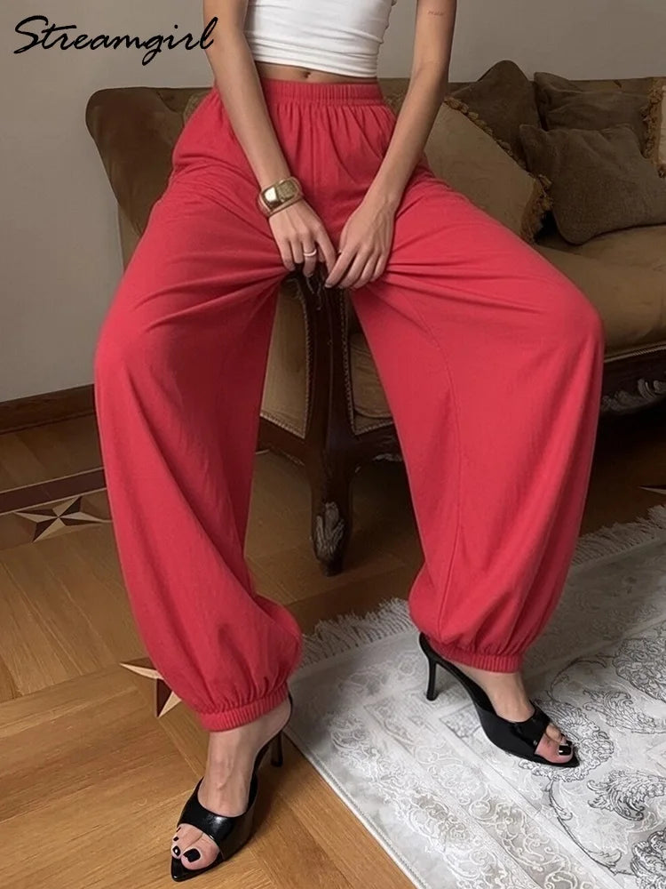 Wide Leg Red Pants For Women Cotton Long Bloomers White Autumn Elastic Waist Lantern Trousers Women Straight Practice Pants Lady