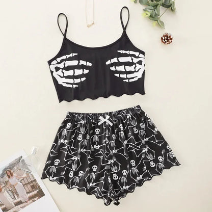Sexy Alien Print Sling Sleepwear Women's Pajamas Set V-Neck Pyjamas Female Homewear Sleeveless Cute  Top And Shorts