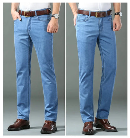 Mens Lightweight Blue Denim Jeans - Stretch Cotton Straight Pants for SpringSummer Casual Wear - ZOOMNSTORE