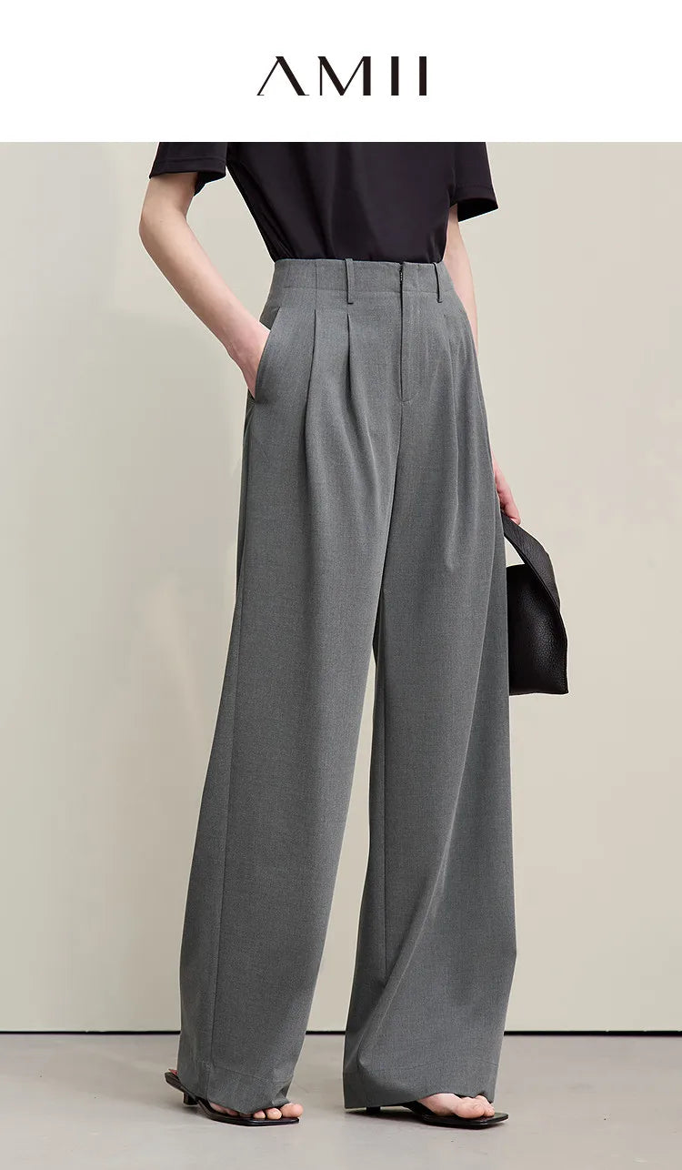Amii Minimalism Women' S Pants 2026 Spring New Versatile Pleated Loose Wide-leg Pants Solid Color Casual Basic Trousers 12641076