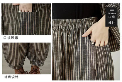 Retro Stripe Cotton And Linen Suit 2024 Women's Autumn Temperament Casual Wide Leg Harem Pants Loose Oversized 2 Piece Set K2478