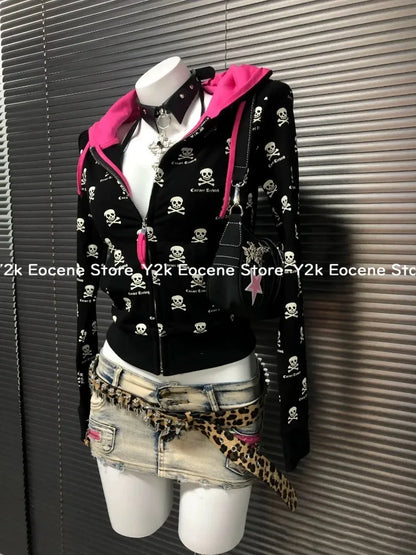 2000s Y2k Gothic Punk Skeleton Print Cardigan Contrast Hooded Sweatshirt Jacket Women Spring Autumn 2025 New Slim Fit Black Tops