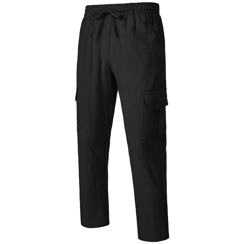Men's Casual Trousers Loose Comfortable cargo pants Pants Man Cotton Linen multi-pocket Straight trousers Beach thin men Pants