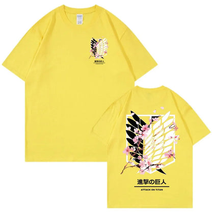 Anime Attack on Titan T-Shirt Ackerman Mikasa Eren Jaeger Cherry Blossom Graphics Logo T Shirt Clothes Men's Cotton T Shirts
