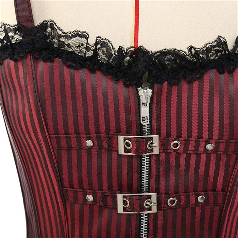 Sexy Women Gothic Corset & Bustier Striped Zip Buckled Steampunk Overbust Corselet Top Vest Punk Rock Style Clothes