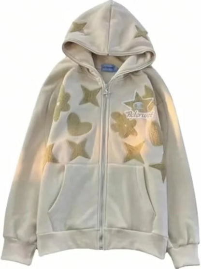 Women Retro Embroidery Hoodies Autumn Winter Zip Up Long Sleeve Loose Jacket Coats Y2k Harajuku Casual P