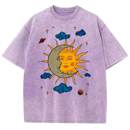 Men's Oversized T-Shirt - Retro Printed Tee With Moon And Sun Print, Breathable Cotton