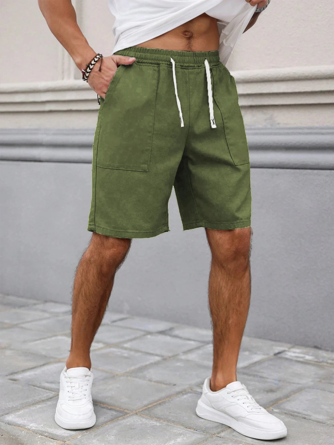 Summer Men's Retro American Style Shorts with Drawstring Casual Pants Included Solid Color Trendy Mid-Length Men's Shorts