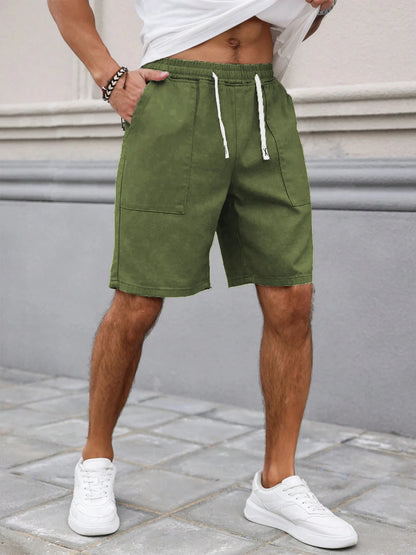 Summer Men's Retro American Style Shorts with Drawstring Casual Pants Included Solid Color Trendy Mid-Length Men's Shorts