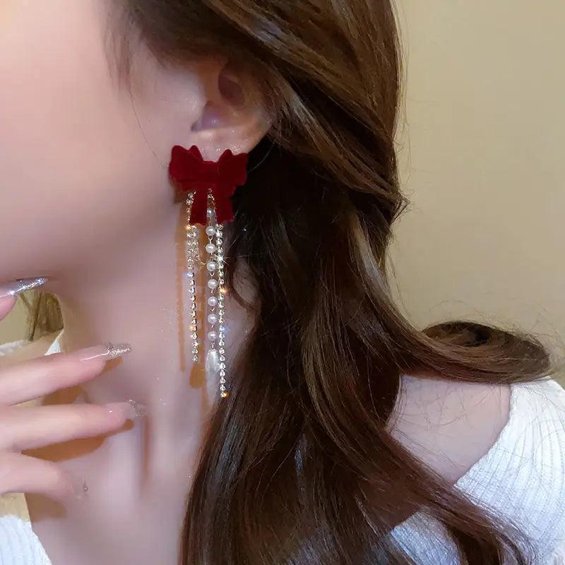 New Wine Red Velvet Rose Pearl Earrings for Women Vintage Red Rose Elegant High-end Studs Earrings Jewelry Accessories Gifts