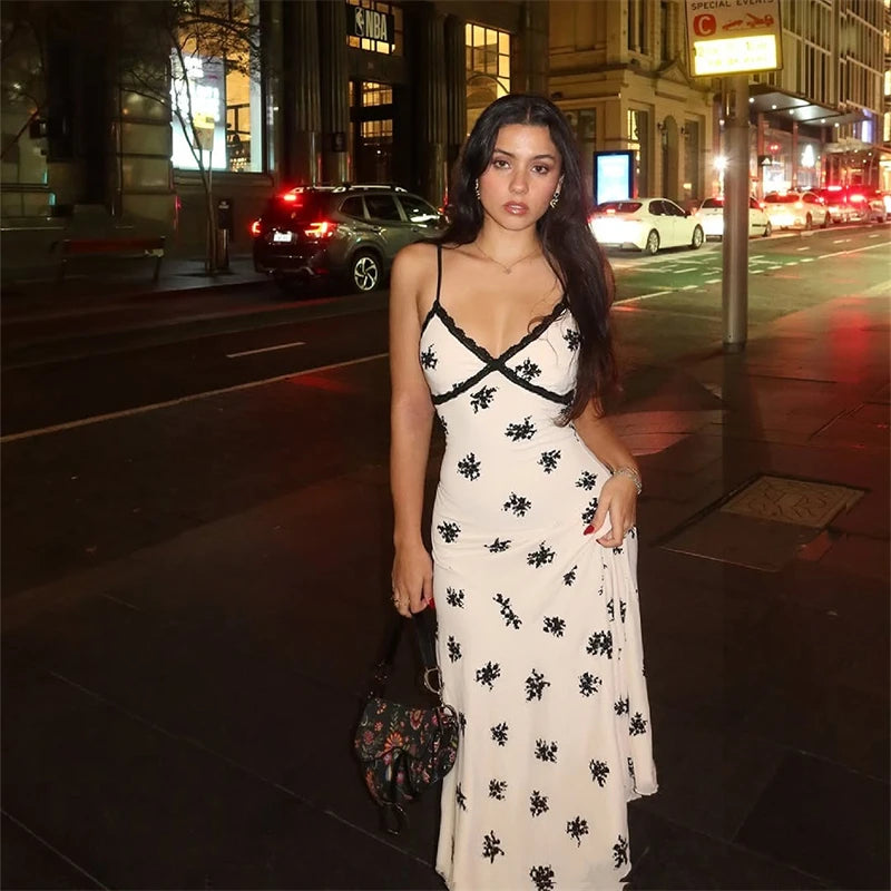 Hugcitar 2026 Floral Print V Neck Slip Backless Sexy Bodycon Maxi Prom Dress Spring Summer Women Clothes Birthday Party Festival
