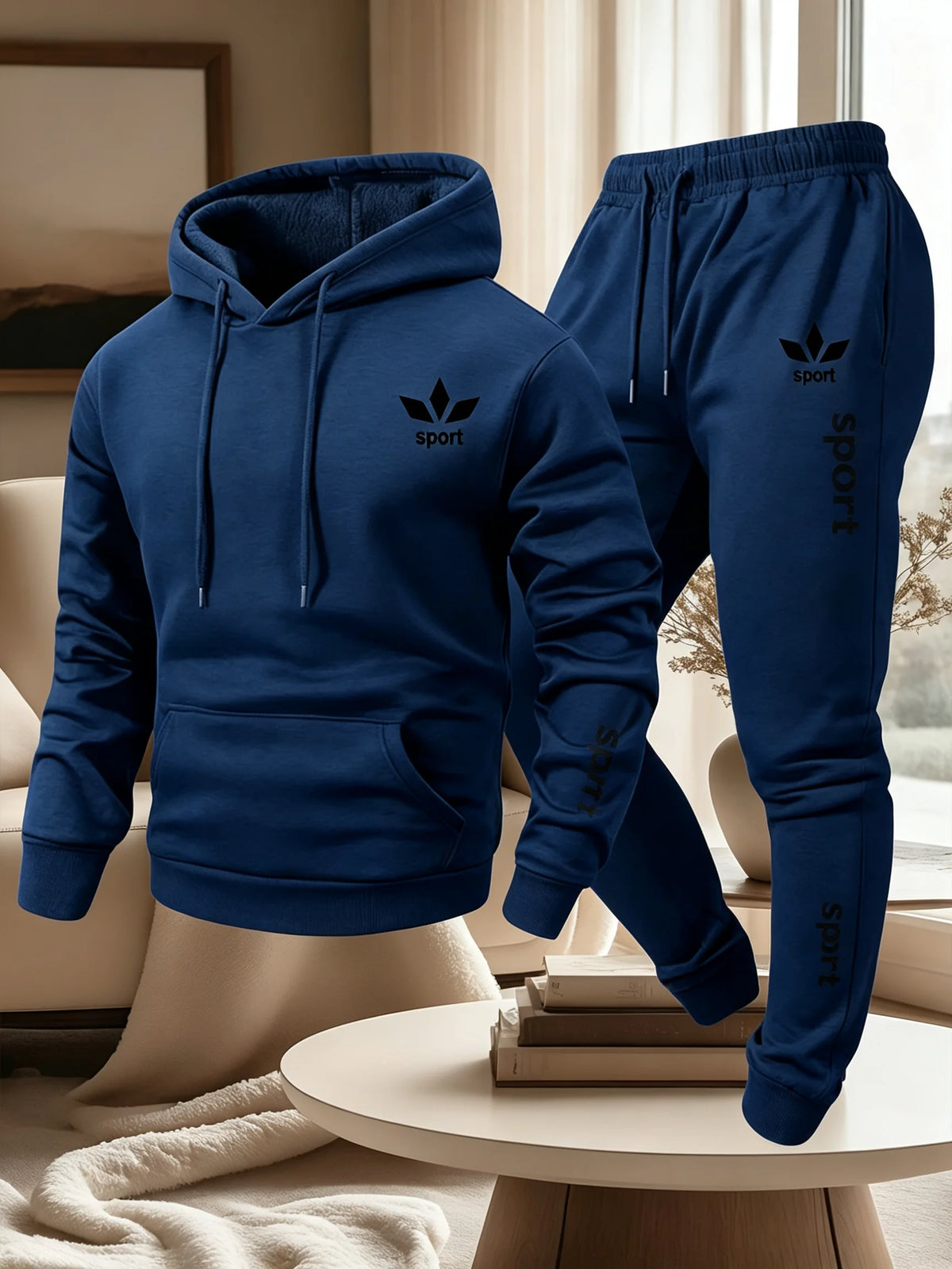 Men Sport Printed Tracksuit 2 Piece Set Warm Lined Drawstring Hoodie Jogger Pants Casual Sports Sweat Outfit For Autumn Winter