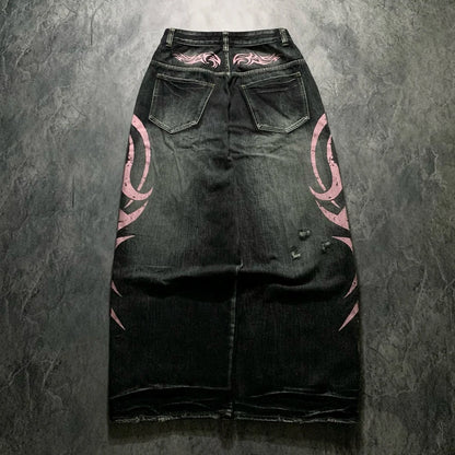 Men's Mottled Totem Print Jeans American Style Old Washed Wide Leg Retro Loose Fashion Trend Wide Leg Jeans Goth Pant Y2K Unisex