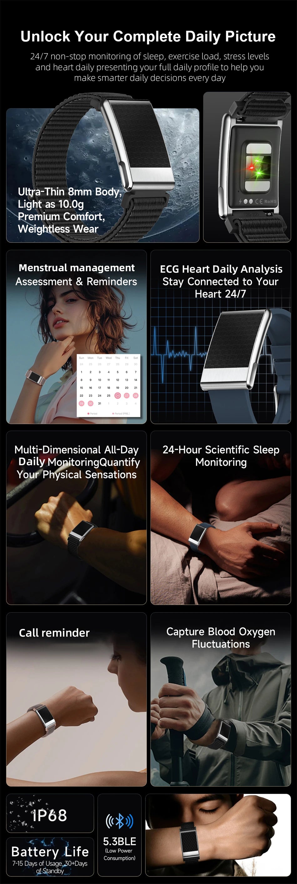 New ECG Health Smart Bracelet Men Women Heart Rate Blood Pressure Blood Lipids Uric Acid IP68 Waterproof Sport Band Smartwatches