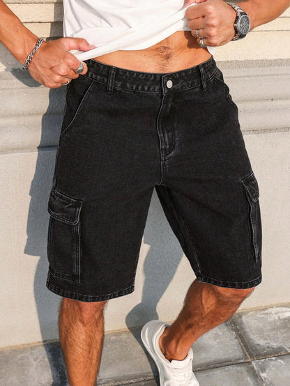 Men's Denim Shorts - Black Summer Workwear Shorts With Multiple Pockets