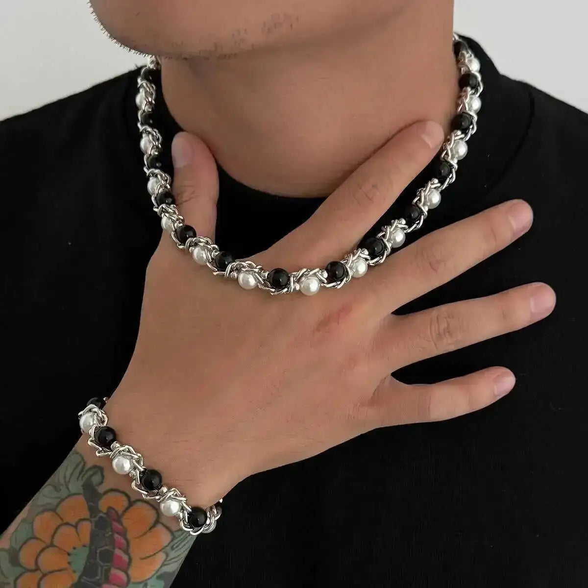 Lacteo 2025 Trendy Creative Imitation Pearl Beaded Chain Necklace Bracelet for Men Vintage Clavicle Chain Charm Jewelry Gift Set