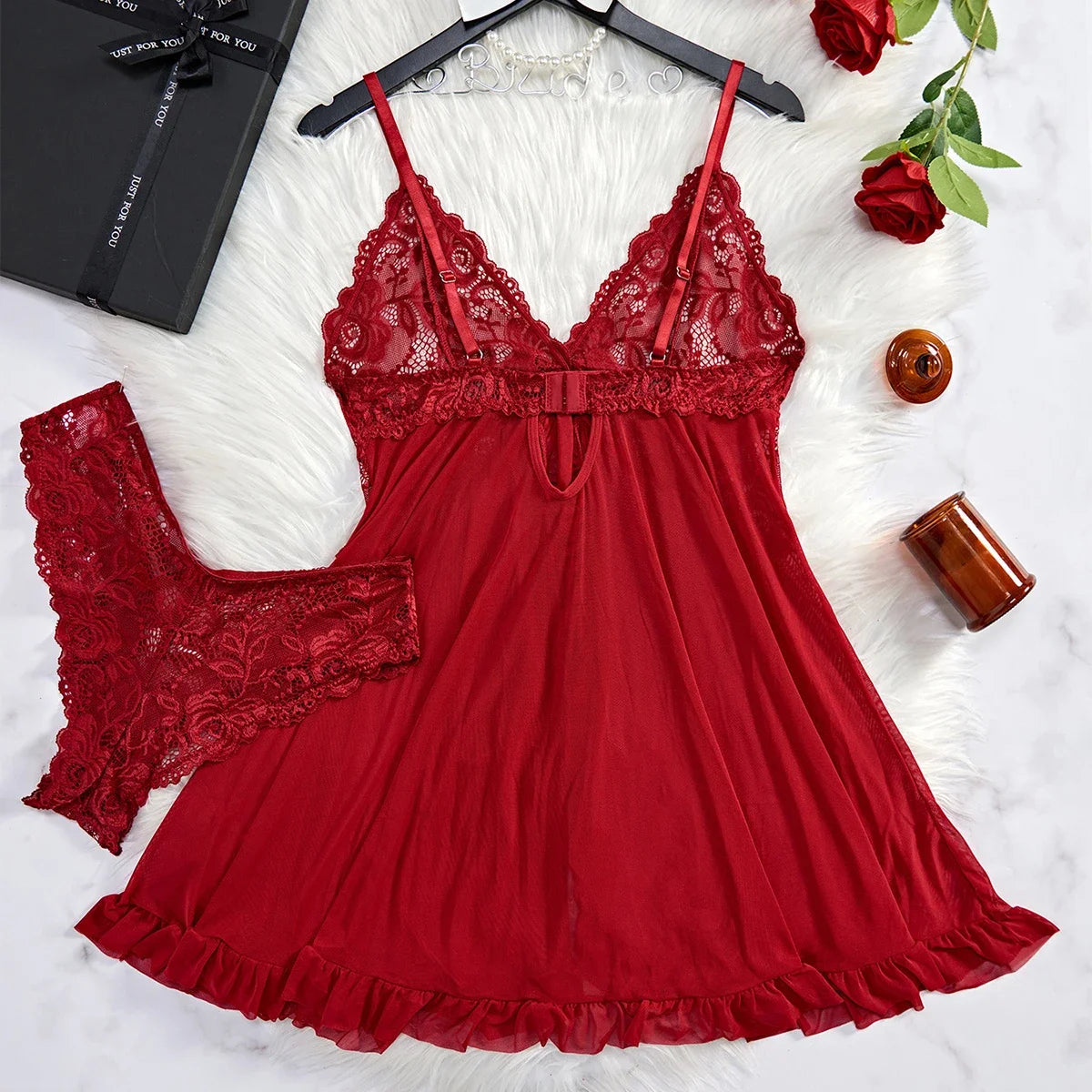 Lace V-Neck Tulle Suspenders Thong Lingerie Set - Exquisite Semi-Transparent Nightgown - ZOOMNSTORE