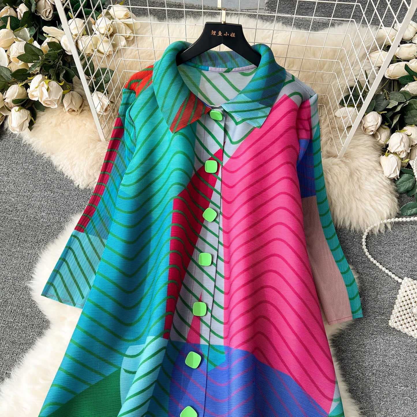 Miyake Pleated Drape Dress Women 2024 Spring Summer Colorblock Printing Lapel 3/4 Sleeve Single-breasted Fashion Shirt Dresses