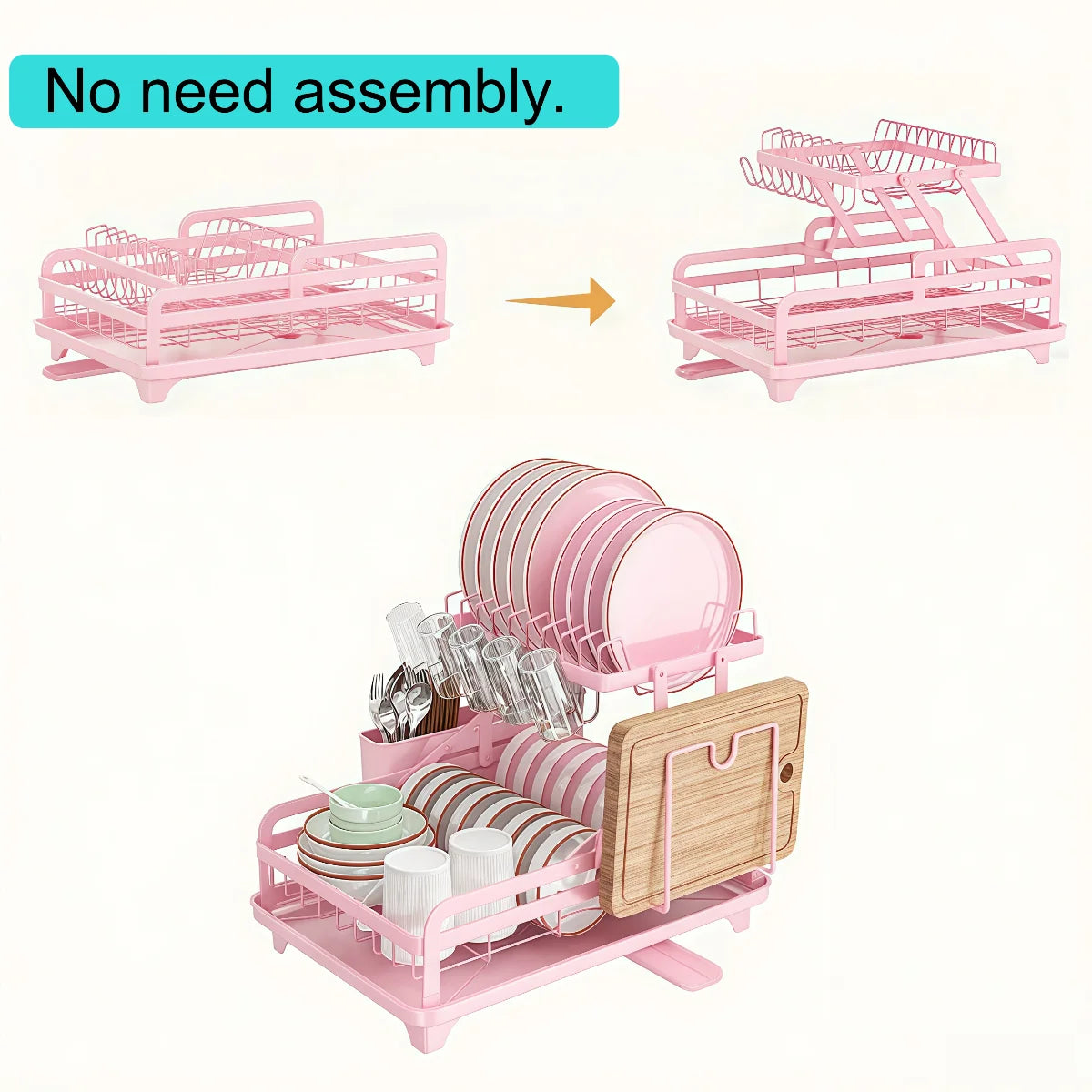 2 Tier Pink Dish Drying Rack with Drainboard | Large Capacity Kitchen Counter Dish Organizer , With Utensil Holder & Accessories