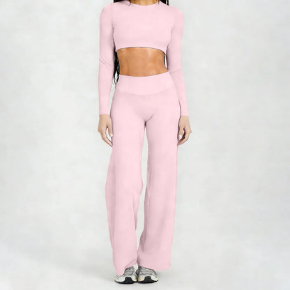 Running Sportswear Women 2 Piece Set Short Cropped Long Sleeve Top Straight Leg Yoga Pants Breathable Quick Dry Gym Suit