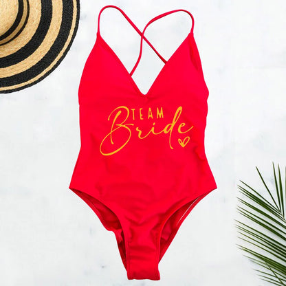 Pink Gold Print One Piece Swimsuit Team Bride Love Sexy Bathing Suit Padded Swimwear Women Bikini Bachelor Party Swim Beachwear