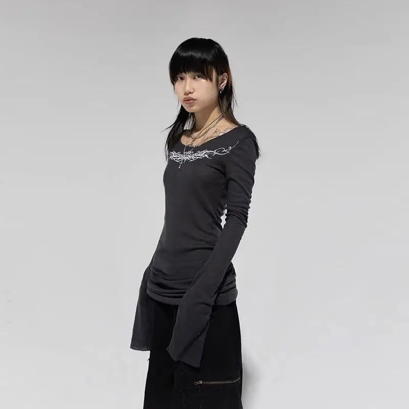 Seeslim Gothic Graphic T Shirts Women Long Sleeve Korean Fashion 2000s Clothes Y2k Slim Spring Autumn Tops Tees Female Clothing