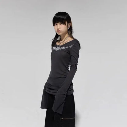 Seeslim Gothic Graphic T Shirts Women Long Sleeve Korean Fashion 2000s Clothes Y2k Slim Spring Autumn Tops Tees Female Clothing