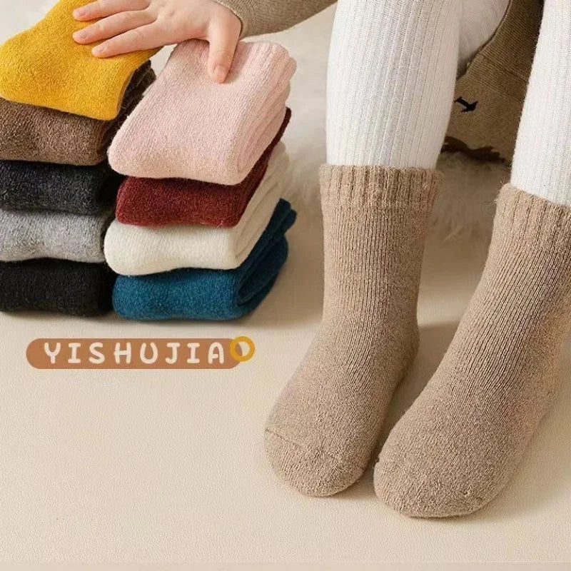 Winter 30% Wool Cashmere Warm Furry Kids Sock Chic Solid Color Calf Sock for Children Thicken Fleece Wool Autumn Warm Stockings