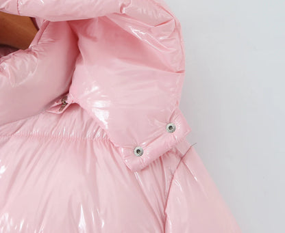 New Winter Fashion Women Bright Light Blue Zipper Up Bread Parka Coat Woman Stand Collar Removable Hooded Long Sleeve Outerwear