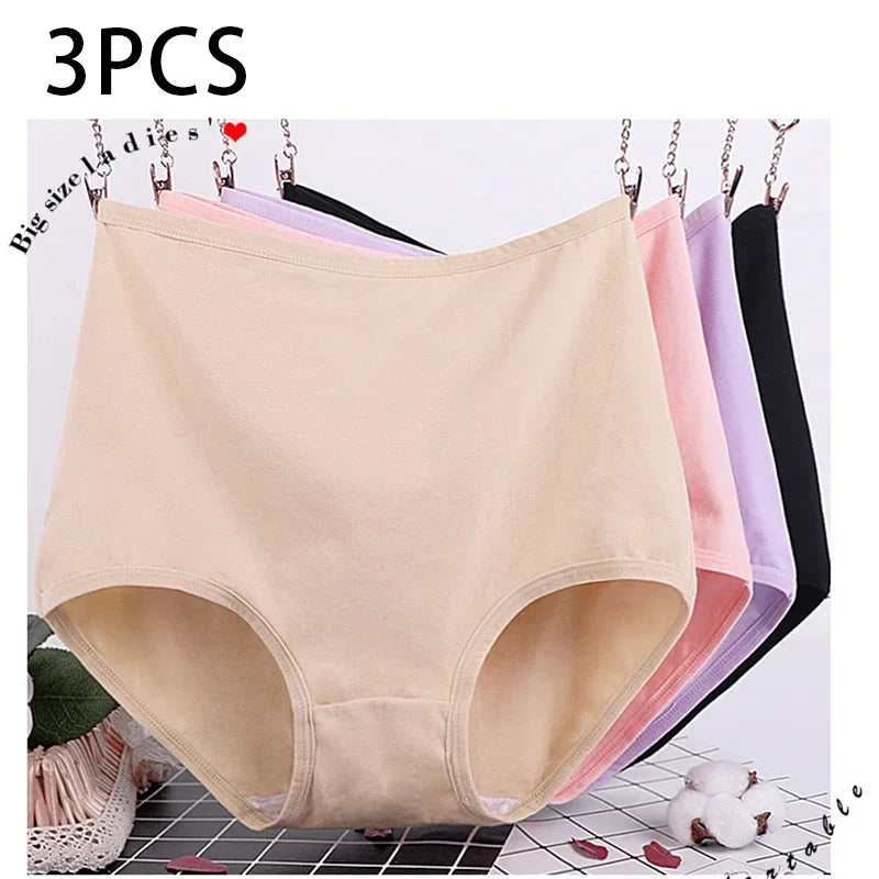 3pcs Cotton Women Panties Lady Plus Size Underwear Large Size High Waist Briefs Breathable Solid Color Female Lingerie