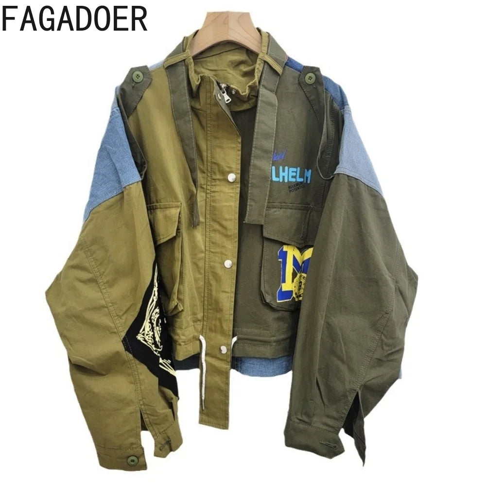 FAGADOER Retro Letter Printing Jacket Women Streetwear Green Cargo Pocket Denim Patchwork Fashion Coat Female Clothing 2025 New