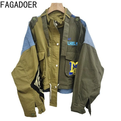 FAGADOER Retro Letter Printing Jacket Women Streetwear Green Cargo Pocket Denim Patchwork Fashion Coat Female Clothing 2025 New