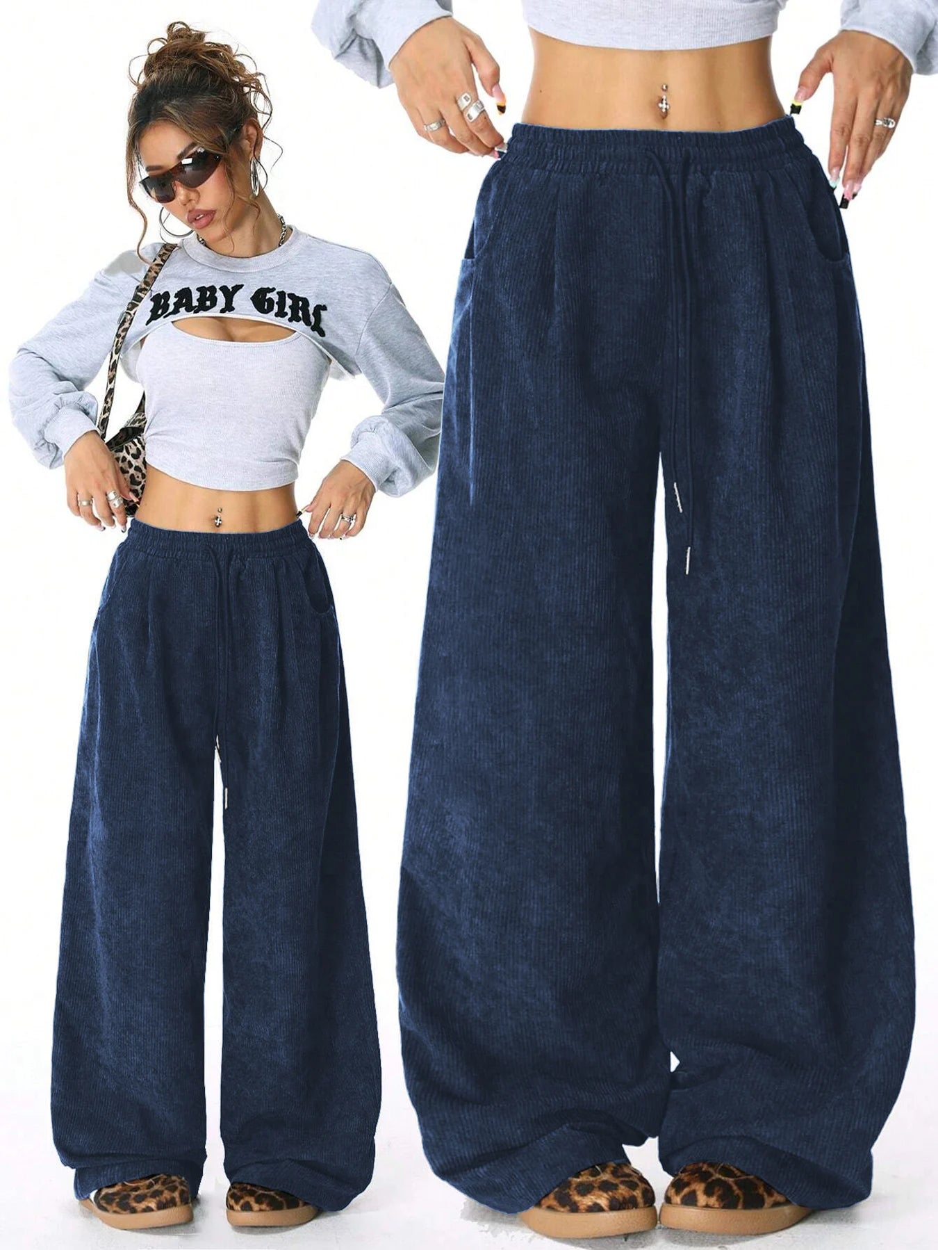 Women's Retro Corduroy Cargo Pants Casual Drawstring Straight Sports Pants Drape Daily Commuting Wide Leg Pants