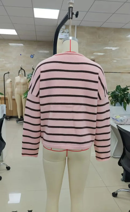 Contrast Striped Loose Cardigan for Women Long Sleeve Button Down Knit Winter Casual Daily Minimalist Sweater Outerwear
