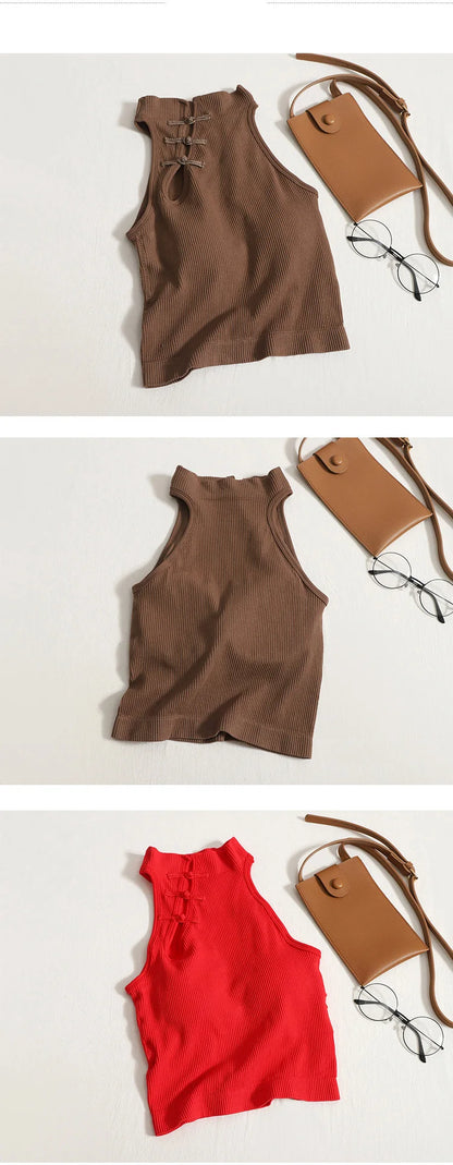 ITOOLIN Women Vintage Chinese Button Tank Tops With Bra Pad Halter Tops O-Neck Elegant Crop Tops Off Shoulder Tops For Women