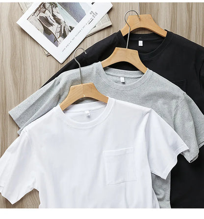Mens Womens Cotton Pocket Short Sleeve Fashion Soft White Black Loose Fit Tee Shirt Tops High Qualtity Breathable Leisure Tops
