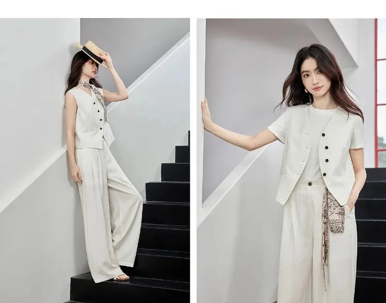 SENTUBILA Office 2 Piece Pant Set 2026 Women Linen Blend Summer Suit V Neck Waistcoat Wide Leg Baggy Pant Print Scarf 162ZA5663Z