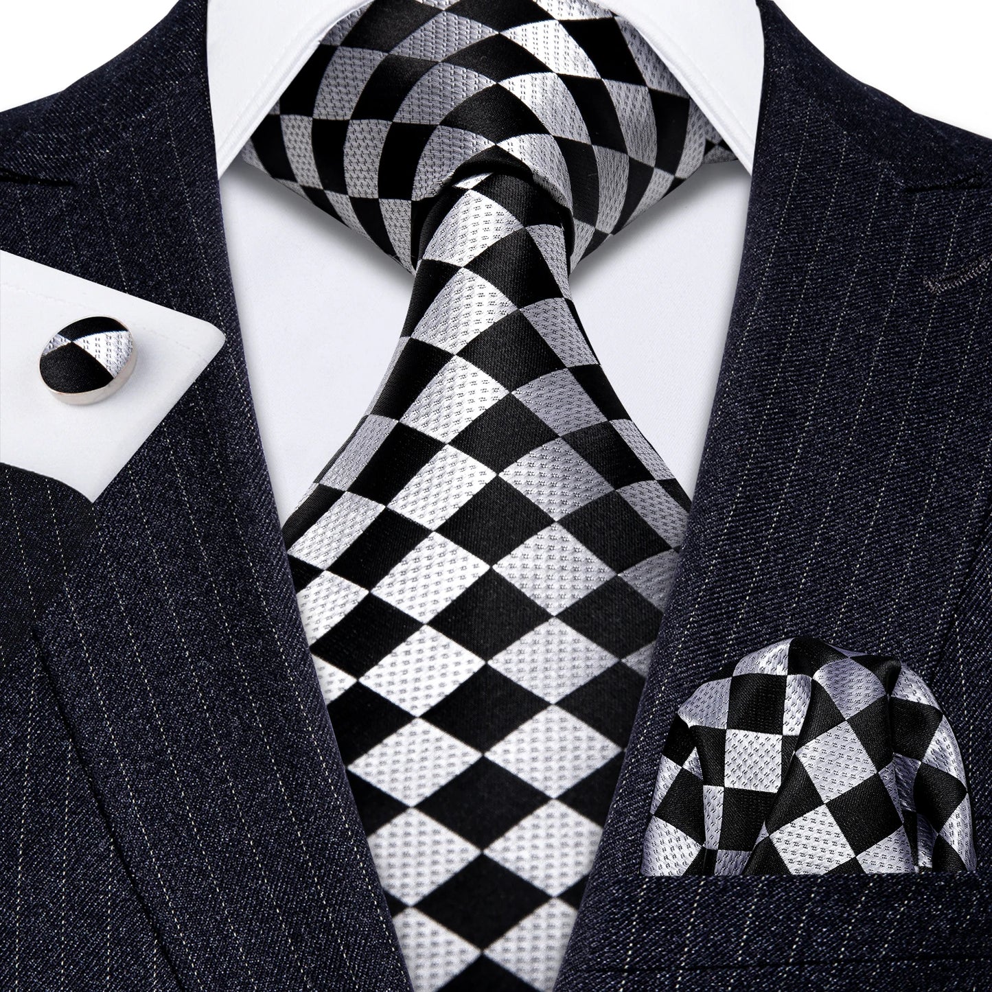 Black Floral Silk Wedding Tie Set - Elegant Necktie with Handkerchief  Cufflinks for Men