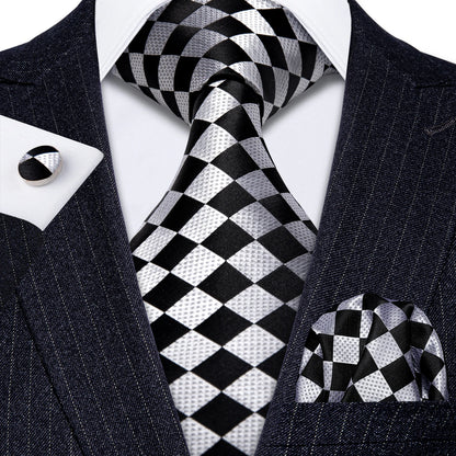 Black Floral Silk Wedding Tie Set - Elegant Necktie with Handkerchief  Cufflinks for Men