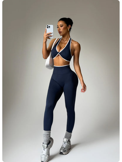 ZHEJIN 2 Piece Yoga Set Women Contrast Trim Halter Sports Bra High Waist Seamless Leggings Gym Workout Set Fitness Activewear Su