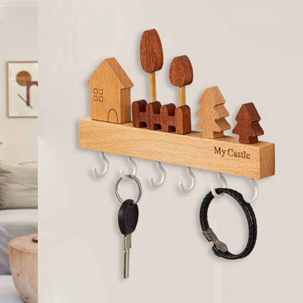 Charming Solid Wood Key Hook Rack - Punch-Free Wall Mount Storage For Keys, Coats & Towels - Perfect Home Decor Accessory