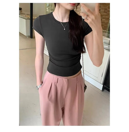 Women's Basic Solid Crop Top Short Sleeve Crewneck Skinny T-shirt Summer Casual Y2K Vintage Harajuku Streetwear