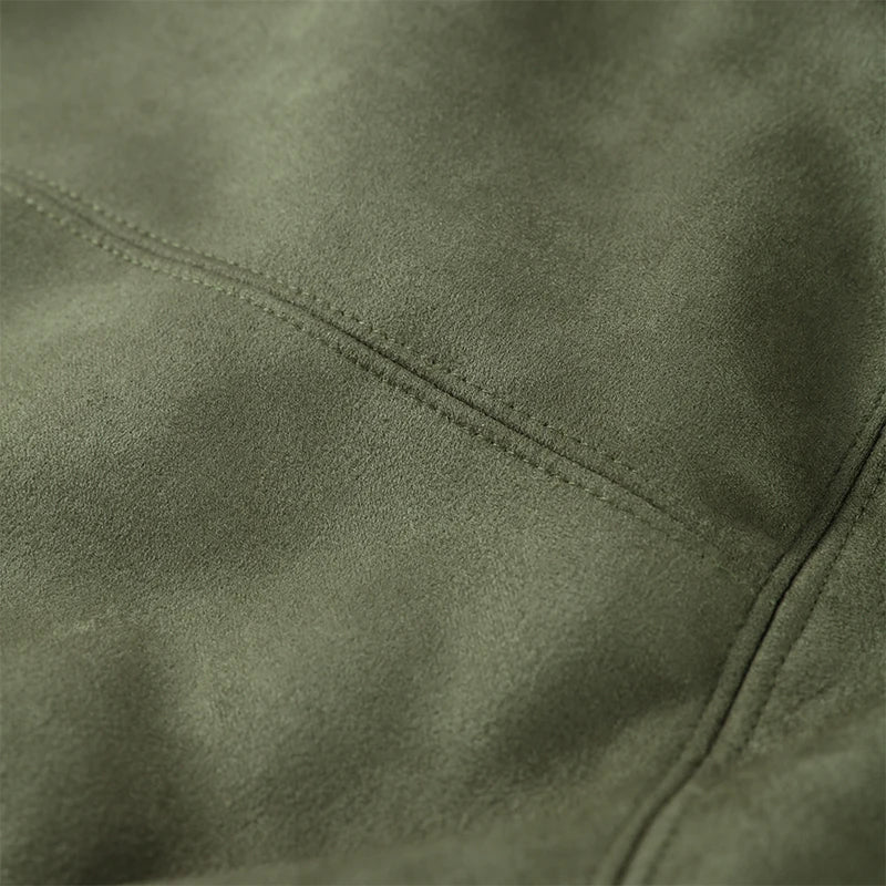 Vintage Suede Green Bomber Jacket Women Loose Lapel Full Sleeve Zipper Commute Coat 2025 Autumn Lady High Street All-match Coats