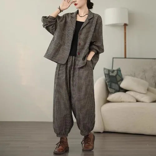 Retro Stripe Cotton And Linen Suit 2024 Women's Autumn Temperament Casual Wide Leg Harem Pants Loose Oversized 2 Piece Set K2478