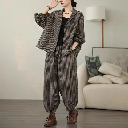 Retro Stripe Cotton And Linen Suit 2024 Women's Autumn Temperament Casual Wide Leg Harem Pants Loose Oversized 2 Piece Set K2478