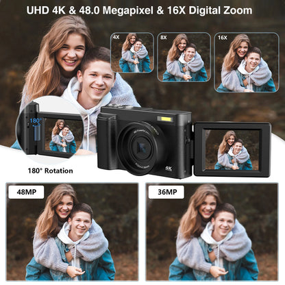 4K Digital Camera - 48MP Compact Flip Screen Camera With Autofocus & Pause Recording
