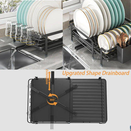 Expandable Dish Drainer - Adjustable Kitchen Rack with Drainboard, Utensil & Cup Holder