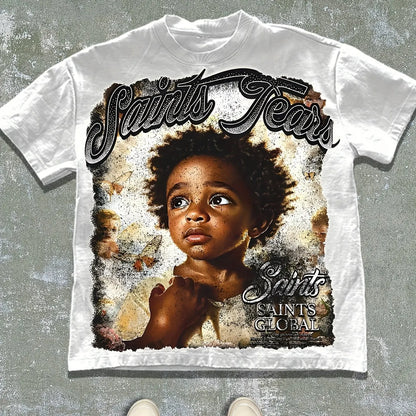 Men's Saint's Tears Pattern T-shirt for Spring and Summer, Suitable for Both Men and Women, Casual T-shirt