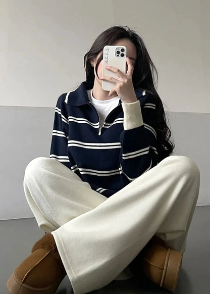 Korean Style Lazy Striped Zipper Color Block Long Sleeve Women's Soft Sweater Autumn Winter New Design Knitted Shirt