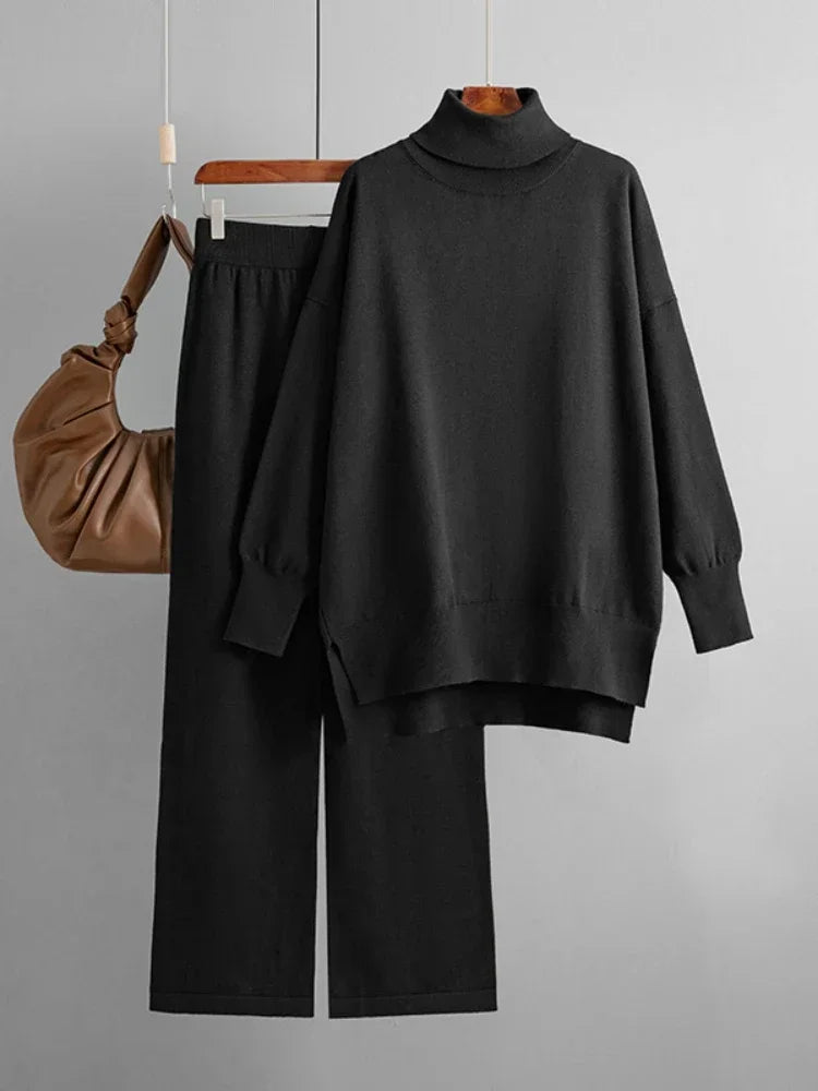 Women's Two Piece Set Autumn Winter High Collar Slit Knitted Sweater Pullover Fashion Casual Loose High Waist Pant Ensemble